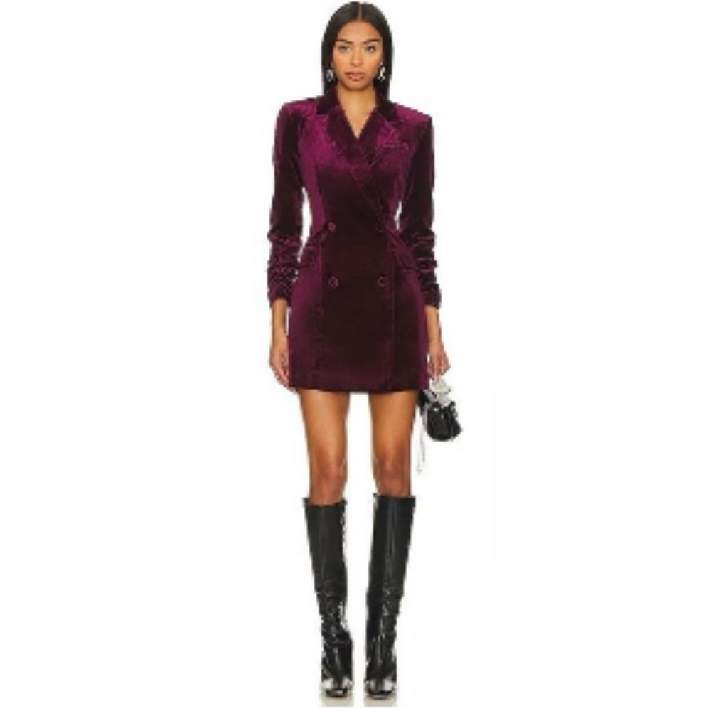 Dark Red Velvet Double-Breasted BlazerDress
